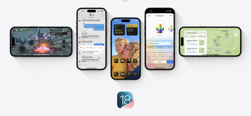 A collection of iPhones showcasing various features of iOS 18, including gaming, messaging with interactive emojis, customizable home screen widgets, new search options for emojis, and a hiking route displayed on Apple Maps. The iOS 18 logo is displayed at the bottom center.